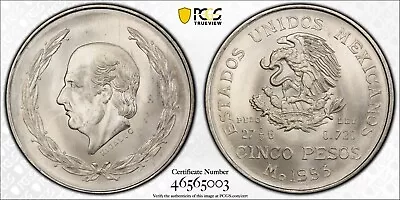 Mexico 5 Pesos Mo 1953 Hidalgo .720 Silver. PCGS MS65. Gold Shield. • $150