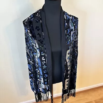 Womens Black Blue Green Floral Velvet Scarf Shawl Wrap Silk Eveningwear Fringe • $19.99