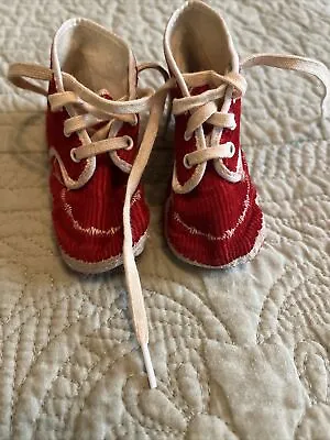 Vintage Red Corduroy Baby Shoes- Lace Up - Small Area Loose Stitch 1960 • $6