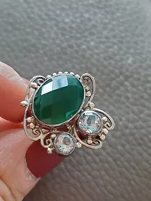 Sterling Silver Green Agate + Blue Topaz Art Deco Vintage Ring Sz 7 • $199