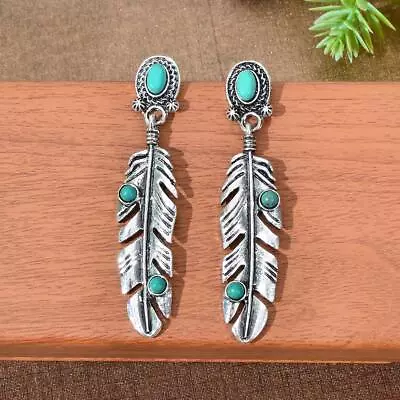 Vintage Silver Feather-Shaped Pendant Earrings Turquoise Accent Boho Ear Jewelry • $2.98