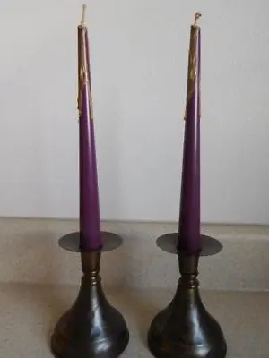 Pair Pr Bronze ARTS & CRAFTS Mission Style WOOD CANDLES HOLDERS STICK Brass Vtg • $15.40