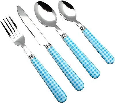 £14.99 • Buy EXZACT Cutlery Set 24pcs Stainless Steel With Gingham Check Coloured Handles 