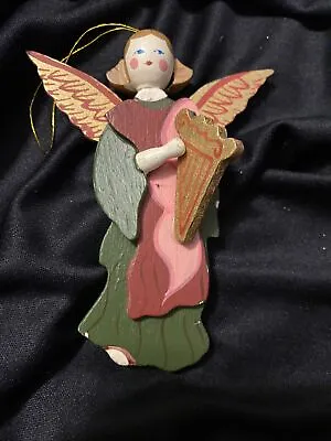 Vtg Wooden Painted Angel Christmas Ornament Wings Harp Instrument 4.25  • $14.98