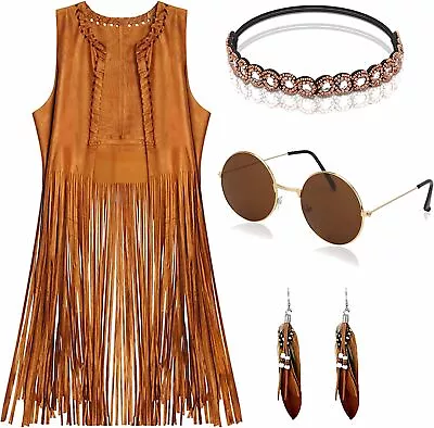 70s 60s Disco Fringe Vest Hippie Set Hippy Fancy Dress Women Costume Clothes   • £25.19