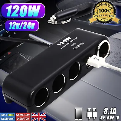 Car USB Charger Cigarette Lighter Socket 12V 4 Way Splitter Power Adapter NEW • £8.53
