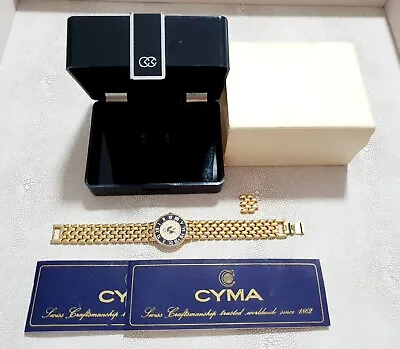 CYMA Swiss Dress Watch In Box Gold Black Diamond Face Quartz 1991 New Battery • $200