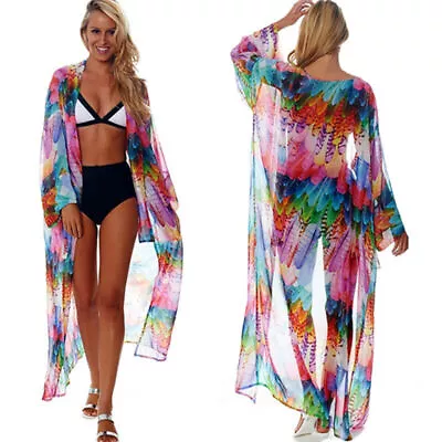 Women Long Boho Bikini Cover Up Swimwear Sarong Kimono Kaftan Maxi Dress Holiday • $23.02