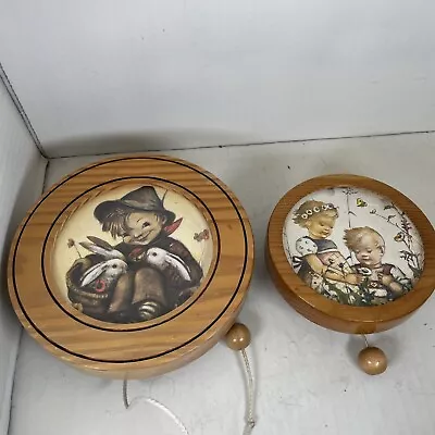 2 Hummel Vintage Wood Frame Pull String Swiss Music Box Movement W. Germany • $45