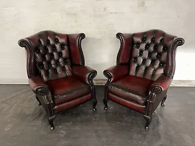 Chesterfield Queen Ann Chairs A Beautiful Matching Pair In Dark Oxblood Red • £995