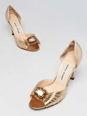 Manolo Blahnik Gold Leather Sedaraby Crystal D'Orsay Peep Toe Pumps Size 5.5/36 • $325