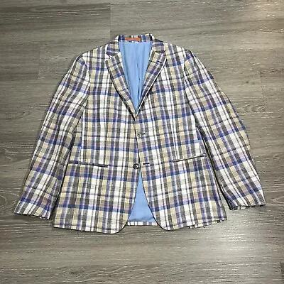 Tallia Blazer Men 40R Blue Pink 100% Linen 2 Silver Button Sport Jacket Coat • $44.99