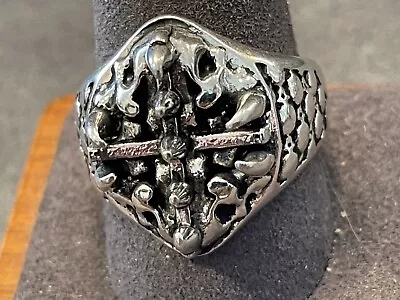 Vintage G&S Silver Tone Biker Style Fang And Cross Ring--652.24 • $29.99