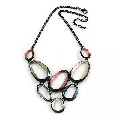 V-Shape Pastel Multicoloured Matte Enamel Oval Cluster Necklace In Black Tone - • £20.70