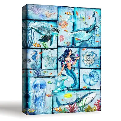 Bathroom Wall Art Blue Ocean Canvas Wall Decor Sea Turtle Mermaid Paintings F... • $23.58