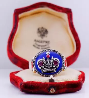 Antique Royal Presentation Mens Ring 14k Gold Diamond Ruby Enamel-Award By King • $14850