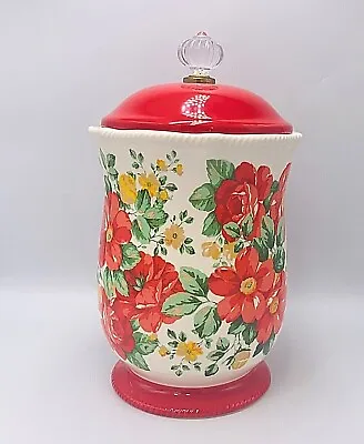 $25 • Buy Pioneer Woman Vintage Floral Canister Jar Red Lid Base With Acrylic Knob 10  EC