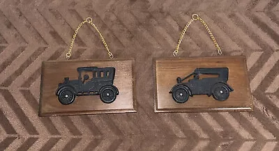 Wall Decor • Cast Iron Vintage Cars On Wood Plaques W/ Brass Hangers 4.25”x7.25” • $24.99