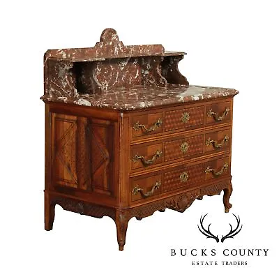 Fine Ant. French Louis XV Walnut  Marble Top Parquetry Inlaid Commode Wash Stand • $3495