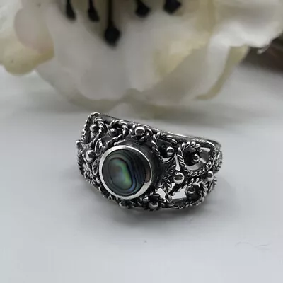 ND Sterling Silver Abalone Filigree Scroll Bead Ring Size 6 • $19.99