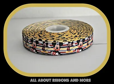 7/8 Inch Mickey Mouse With Red Grey And Black Stripes Grosgrain Ribbon- 1 Yard • $0.99