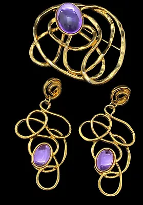 $57.16 • Buy Vtg Avon Golden Web Gold Tone Purple Cabochon Abstract Brooch Earrings Set