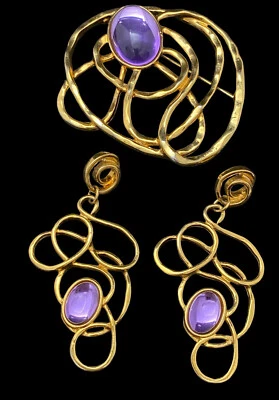 $57.16 • Buy Vtg Avon Golden Web Gold Tone Purple Cabochon Abstract Brooch Earrings Set