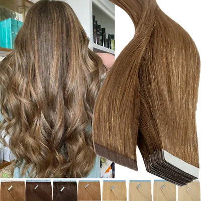 £23.28 • Buy Tape In Hair Extensions 100% Remy Human Hair Skin Weft Full Head 18 20 22 Inches