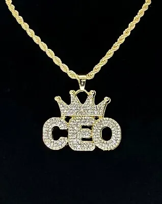 Mens Iced Cz CEO Pendant 14k Gold Or Silver Plated 24  Necklace Hip Hop Jewelry • $9.88