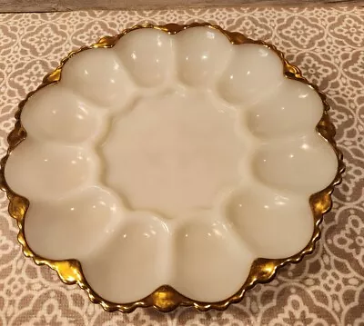 Vintage White Milk Glass DEVILED EGG Tray Dish W Gold Trim Fire King • $24.75