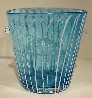 Murano Glass Bowl Blue W/ White Stripes & Bubbles Ice Bucket • $29.99