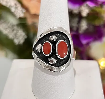 Vintage Sterling Silver Coral Mexico Men’s Ladies Southwestern Ring Band Sz 9.5 • $59.99