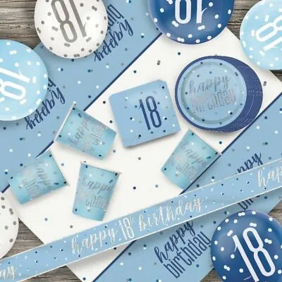 Glitz Blue 18th Birthday Party Tableware Decoration Plates Banners Candle Age 18 • £2.49