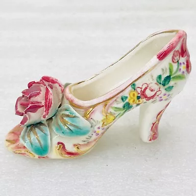 VTG‼ Porcelain Hand Painted 3.5  Floral Rose High Heel Shoe Japan Figurine READ‼ • $8.95