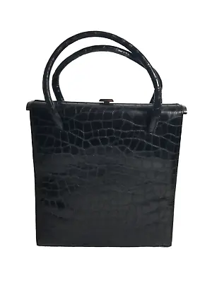 Vintage Stuart Weitzman Black Leather Handbag Croc Design Push Lock Purse Spain • $49.99