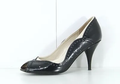 ZARA Black Cream REAL LEATHER Women's Peep Toe Court Shoes Pumps Size UK 4 EU 37 • £4.99