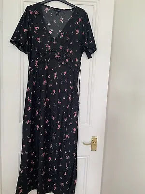 Black Floral Print Satin Midi Tea Dress Size 16 • £20