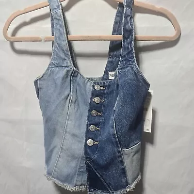 Zara Denim Top Womens XS Blue Patchwork Corset Jean Vest Bloggers Fave Western • $34