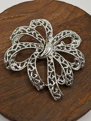 Vintage Filigree Bow Brooch Silver Tone • $6.95