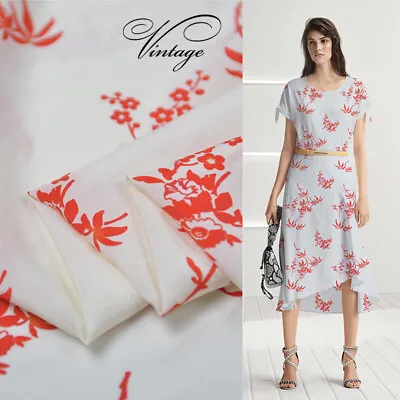 $21 • Buy Red Plant Design On White Background 100% Pure Silk Habotai Silk Fabric,SHB044