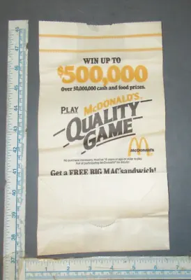 McDonald's Vintage Paper Take Out Bag 1982 Bic Mac Coupon Quality Game • $15