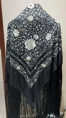 Vtg Shawl Piano Manton De Manila FLORAL Black Light Gray Silk Embroidered 43  • $248