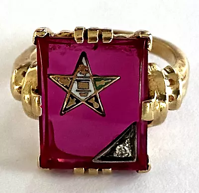 Antique 10K Solid Yellow Gold Masonic Star Ladies Ring Red Stone Diamond Size 5 • $345