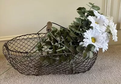 LG Antique French Wire Gathering Basket Wood Handle Market Flower Grapes Veges • $125