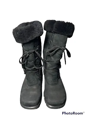 La Canadienne Black Fur Winter Lace Up Boots 7M 13261 • $49.95