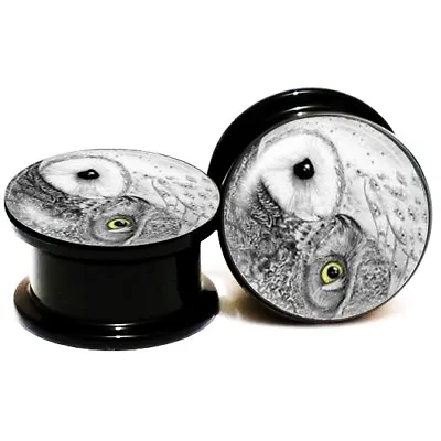 PAIR Yin Yang Owl Acrylic Ear Plugs Screw Fit Ear Gauges Flesh Tunnels 2g - 1  • $11.49
