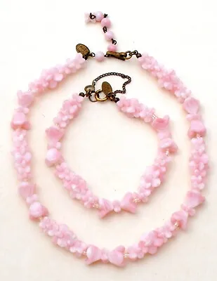 Miriam Haskell Pink Molded Glass Flower Set Necklace Bracelet Beads Signed • $368