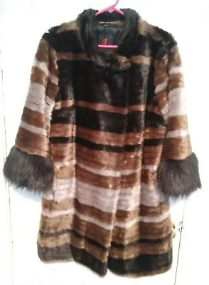  A By Adrienne Landau  Striped Faux Fur Coat W/Faux Fox Fur Cuffs/Size L - RARE! • $75