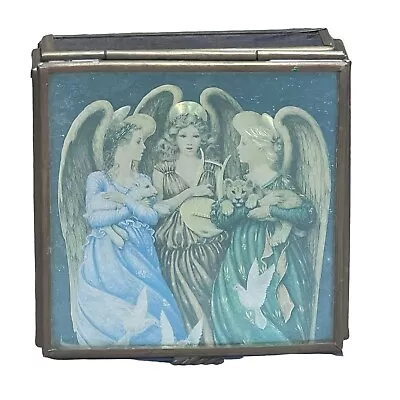 Vintage Via Vermont Blue Glass Sides TRINKET JEWELRY BOX Angel 3  X 3  • $22.46