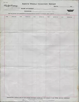Vintage 1910 Ford Motor Company Agents Weekly Inventory Report Cambridge Nos • $4.88